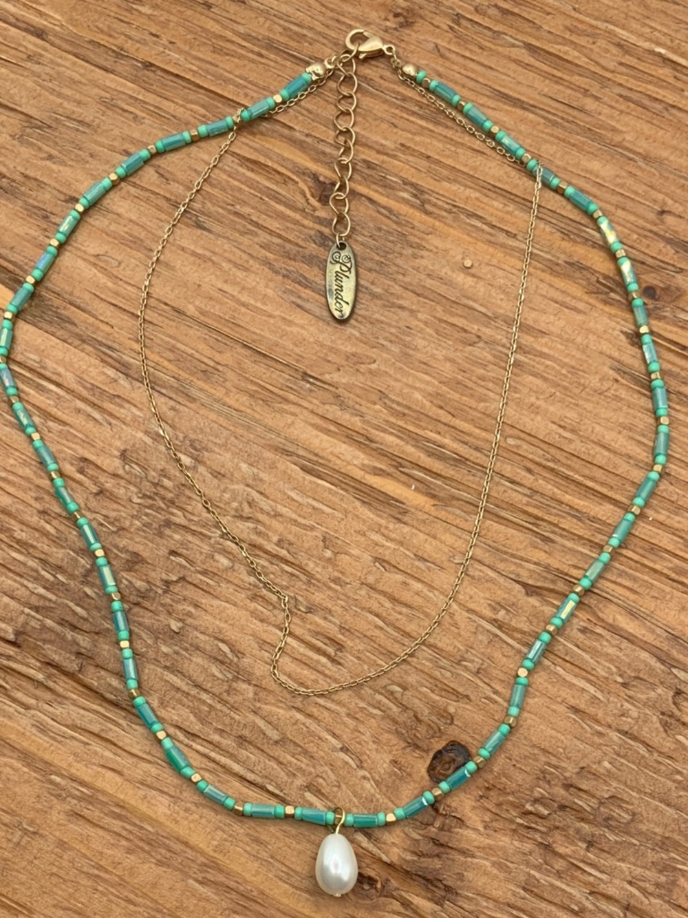 Plunder Design Double Gold Tone Chain Turquoise Beaded Pearl Pendant Necklace - Picture 2 of 5